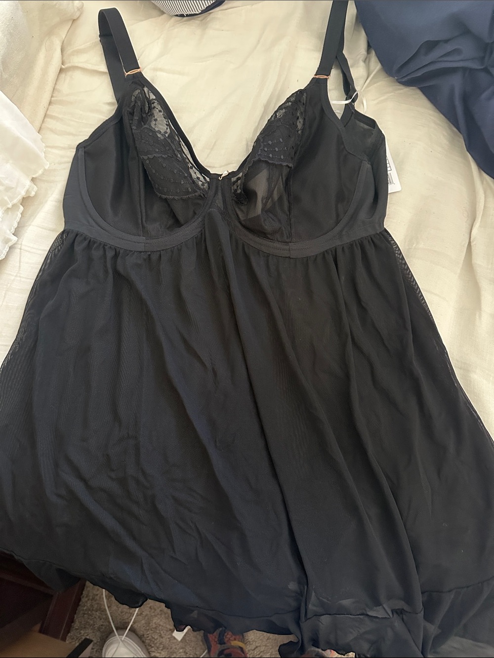 Elomi Black Sheer Lace-Trim Chemise